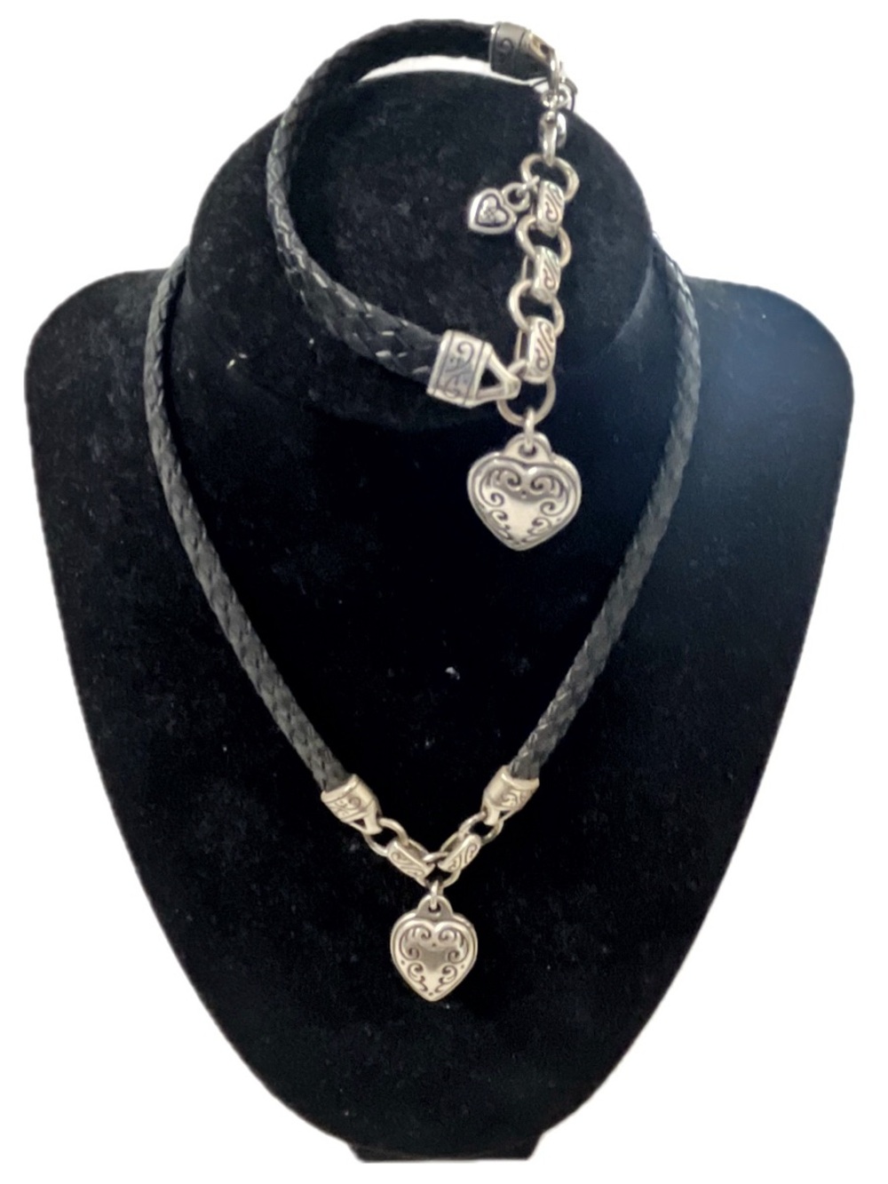 BRIGHTON Kings Road Silver Heart Braided Black Leather Choker & Bracelet Set
